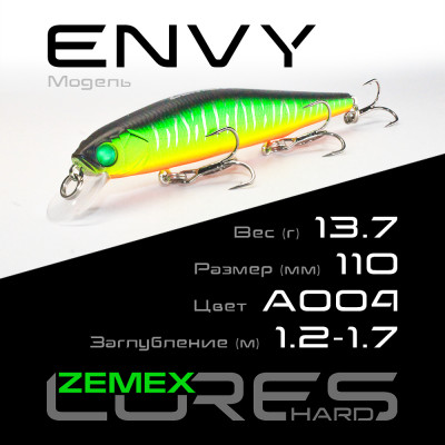 Воблер-минноу Zemex Envy 110SP DR длина 110мм вес 13,7гр цвет #A004