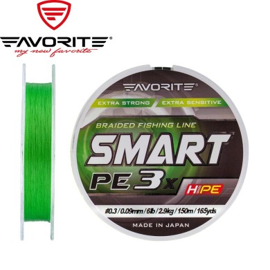 Шнур Favorite Smart PE 3x #0,3 диаметр 0,09мм размотка 150м флуорисцентно-зелёный Шнур Favorite Smart PE 3x #0,3 диаметр 0,09мм размотка 150м флуорисцентно-зелёный