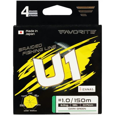 Четырёхжильный шнур Favorite U1 PE 4x #3,0 диаметр 0,296мм размотка 150м тёмно-зелёный Четырёхжильный шнур Favorite U1 PE 4x #3,0 диаметр 0,296мм размотка 150м тёмно-зелёный