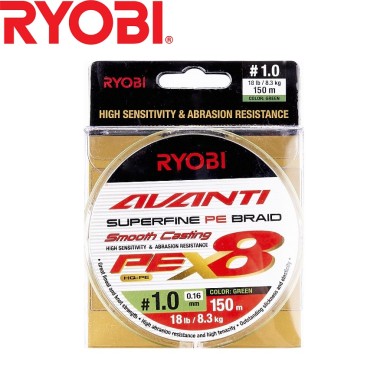 Шнур Ryobi Avanti X8 GR #1,0 диаметр 0,16мм размотка 150м зелёный Шнур Ryobi Avanti X8 GR #1,0 диаметр 0,16мм размотка 150м зелёный