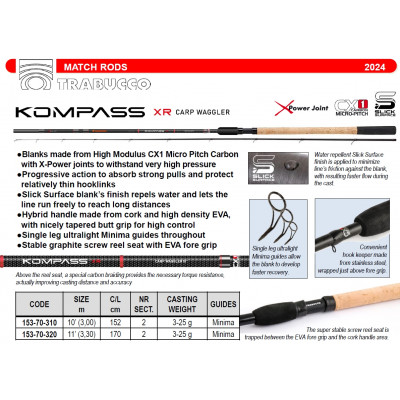 Удилище матчевое штекерное Trabucco Kompass XR Carp Waggler 3302/25 длина 3,3м тест 3-25гр