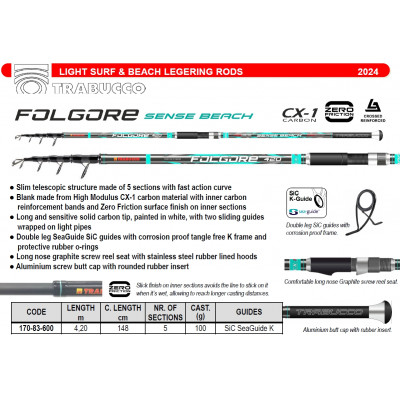 Удилище сюрфовое телескопическое Trabucco Folgore Sense Beach 4205/100 длина 4,2м тест до 110гр